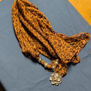 Chatties Leopard Print Scarf with Silver Rose Charm